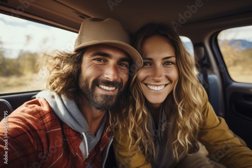 road trip smiling couple with dog © sirisakboakaew