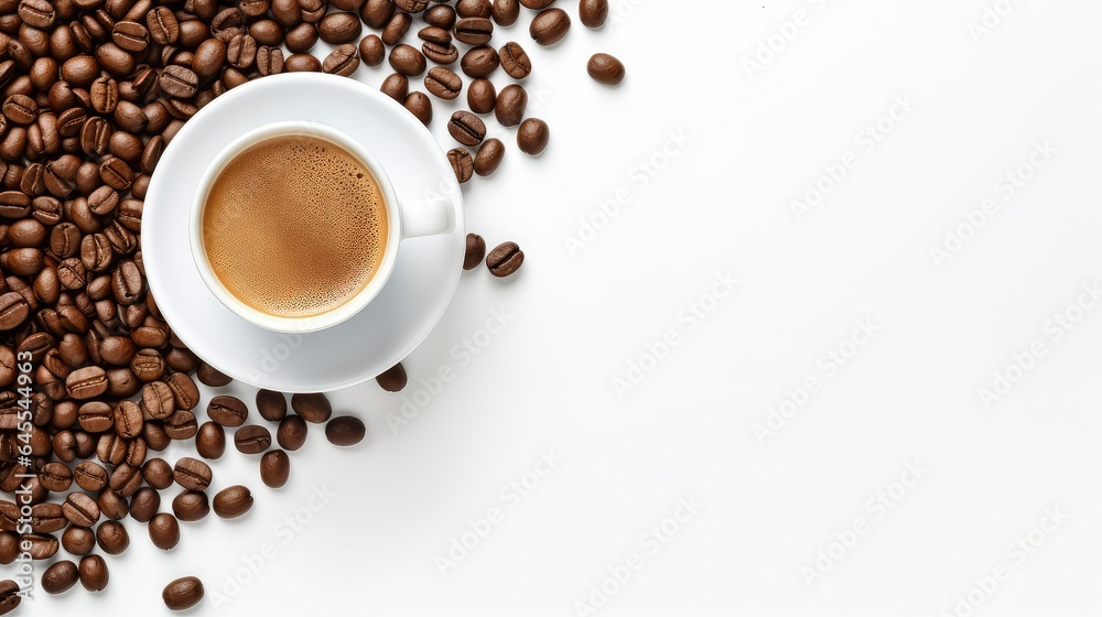 Top view of a cup containing coffee and coffee beans beside it with a white background Top view of a cup containing coffee and coffee beans beside it with a white background