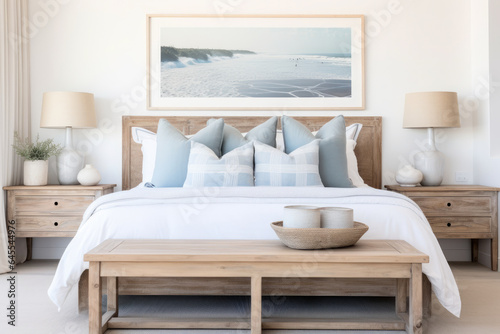 A Serene Coastal Haven: A Bedroom Interior with Beachy Accents, Featuring Rustic Wood Furniture, Soft Natural Light, and Nautical Decor