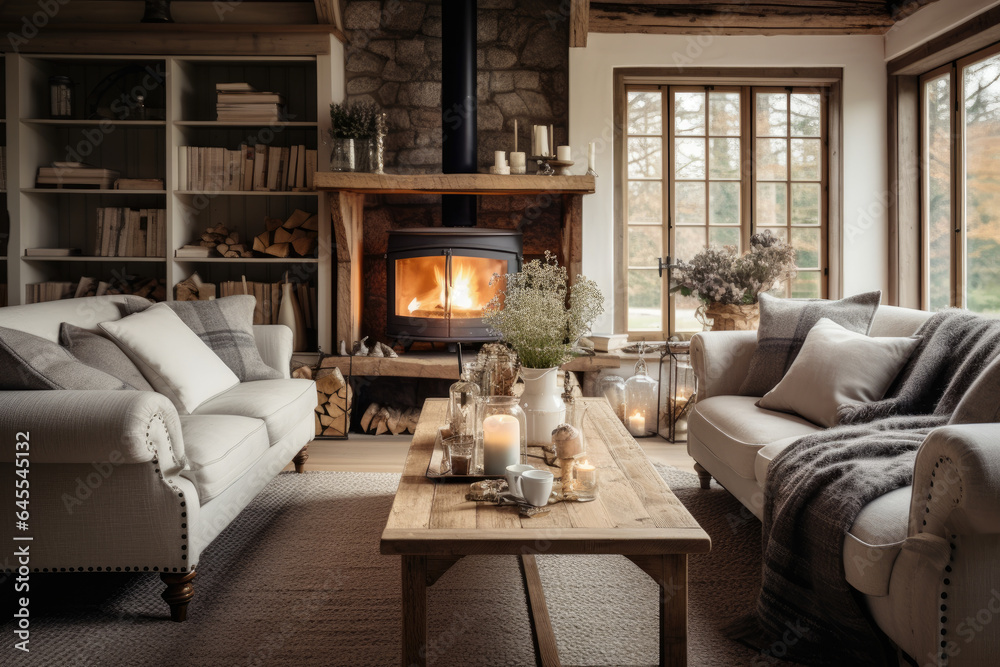 A Cozy Scandinavian Farmhouse Living Room with Rustic Charm and Modern Elegance
