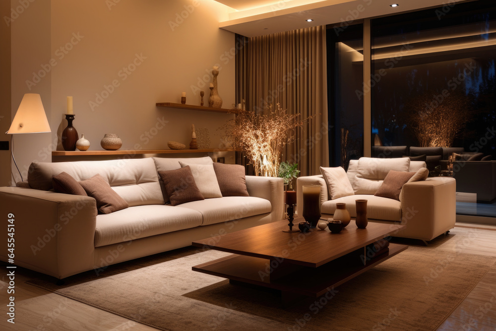 A Cozy and Elegant Living Room Interior in Cream and Brown Colors, featuring Stylish Furniture and Warm Lighting A Cozy and Elegant Living Room Interior in Cream and Brown Colors, featuring Stylish Furniture and Warm Lighting