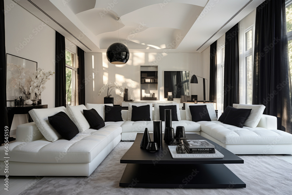 Fototapeta premium A Stunning Contemporary Living Room Interior in a Chic White and Black Color Scheme