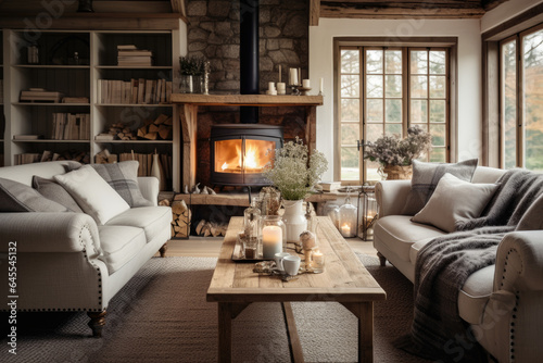 A Cozy Scandinavian Farmhouse Living Room with Rustic Charm and Modern Elegance © aicandy