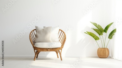 A chair in front of a plain wall. Copy space. Space for text