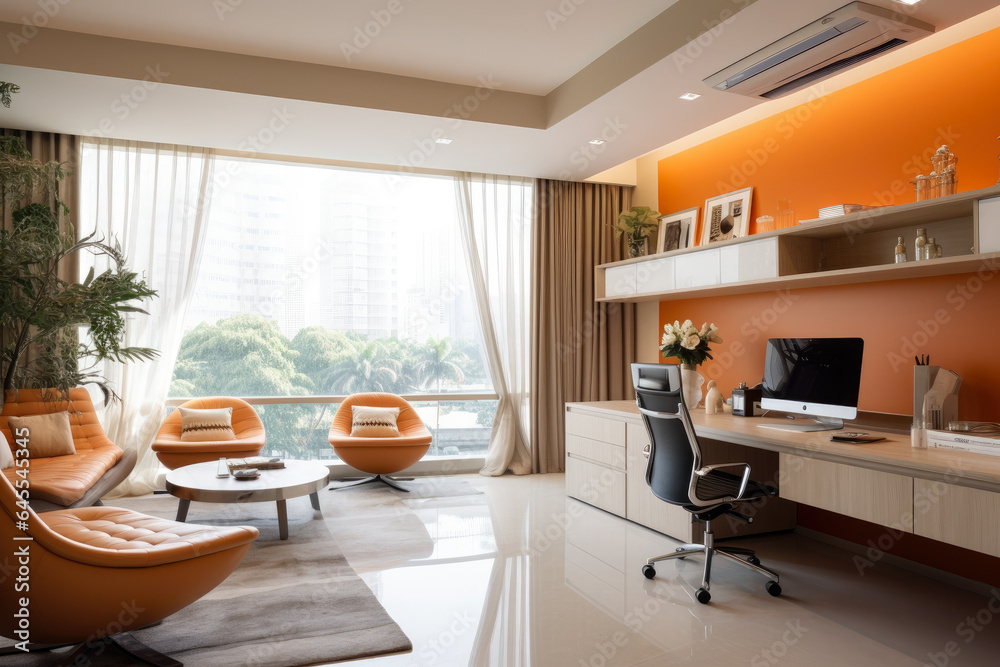 Fototapeta premium A Serene Haven: Step into the Tranquil Ambiance of an Office Interior in Apricot Color Scheme