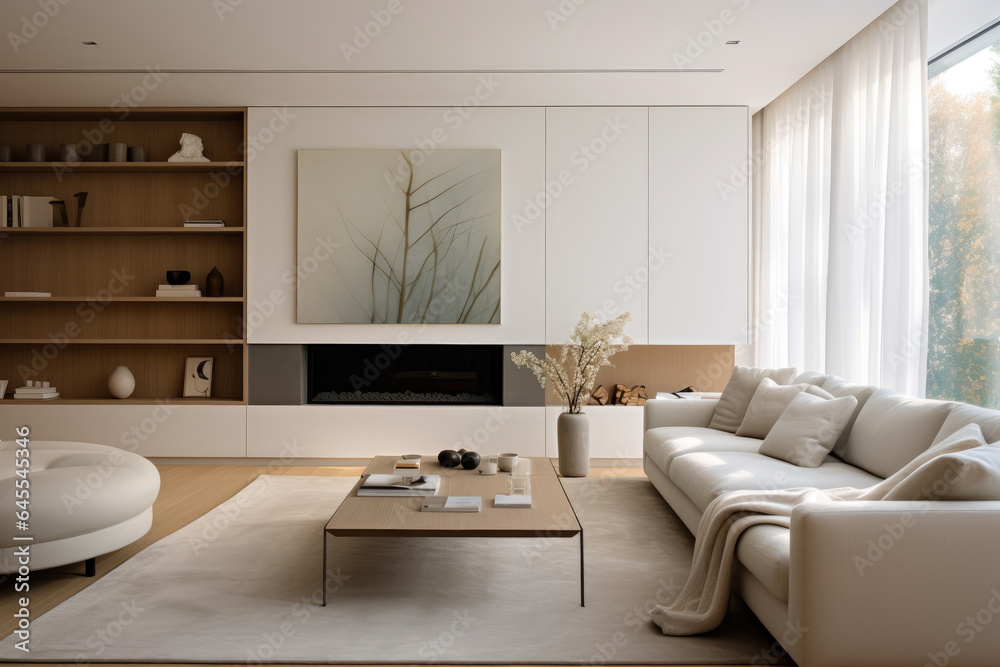 A Serene Haven: A Modern Minimalist Living Room Interior with Clean Lines, Neutral Tones, and Sleek Furnishings A Serene Haven: A Modern Minimalist Living Room Interior with Clean Lines, Neutral Tones, and Sleek Furnishings