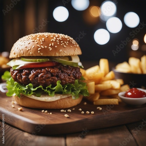 fries and hamburger on the table