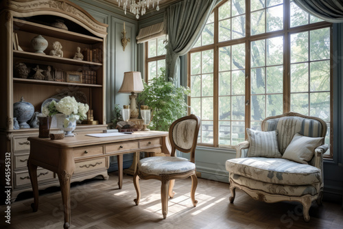 Elegant Office Interior in French Country Style with Rustic Charm and Vintage Accents © aicandy
