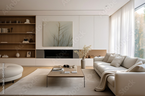 A Serene Haven: A Modern Minimalist Living Room Interior with Clean Lines, Neutral Tones, and Sleek Furnishings
