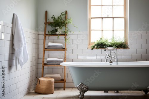 Serene Retreat  A Rustic Scandinavian Farmhouse Bathroom with a Charming Clawfoot Tub and Timeless White Subway Tiles