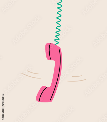 Pink phone hanging from above. Colorful vector illustration