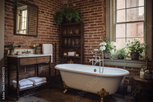 Rustic Chic Bathroom with Exposed Brick Walls and Vintage Clawfoot Tub
