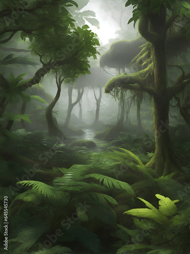 Rainforest with lots of trees and branches and dew, super detailed fogy environment © RahatMiaJi