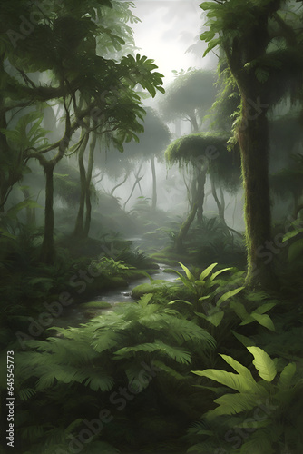 Rainforest with lots of trees and branches and dew  super detailed fogy environment