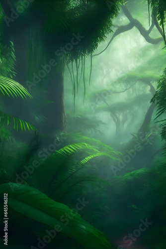 Rainforest with lots of trees and branches and dew, super detailed fogy environment © RahatMiaJi