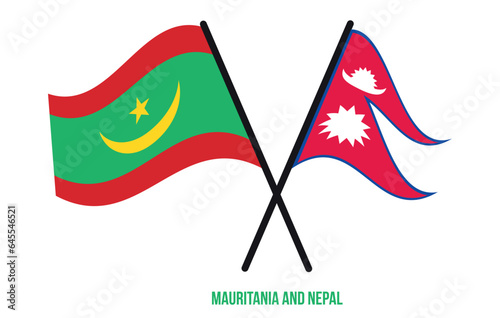 Mauritania and Nepal Flags Crossed And Waving Flat Style. Official Proportion. Correct Colors.