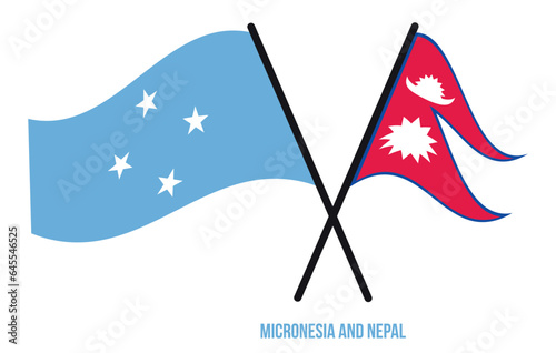 Micronesia and Nepal Flags Crossed And Waving Flat Style. Official Proportion. Correct Colors.
