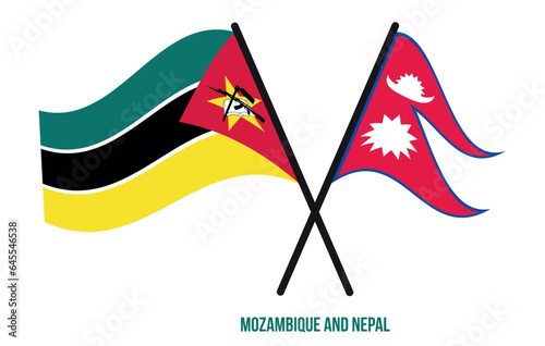 Mozambique and Nepal Flags Crossed And Waving Flat Style. Official Proportion. Correct Colors.