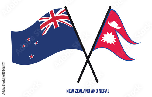 New Zealand and Nepal Flags Crossed And Waving Flat Style. Official Proportion. Correct Colors.