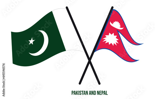 Pakistan and Nepal Flags Crossed And Waving Flat Style. Official Proportion. Correct Colors.