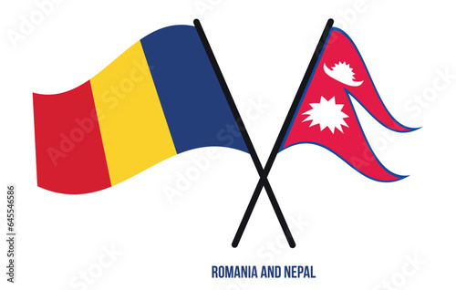 Romania and Nepal Flags Crossed And Waving Flat Style. Official Proportion. Correct Colors.