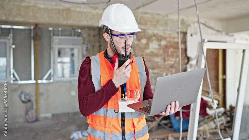 Young hispanic man builder talking on walkie talkie using laptop at construction site