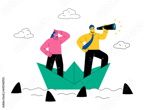 Business man leads a team through a crisis on a paper boat. Flat vector illustration isolated on white background