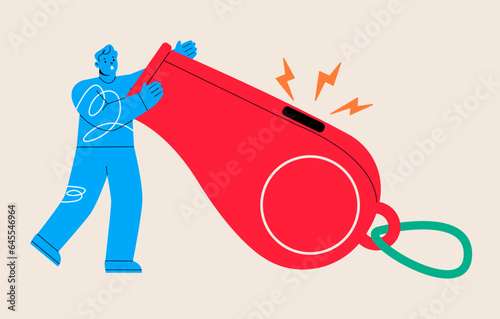 Man blowing the whistle out load while pointing signal to tell other people. Communication concept. Colorful vector illustration