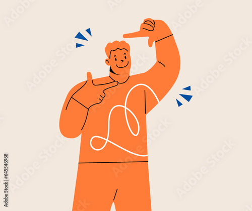 Man shows a frame from hands like take photography with happy face. Photography concept. Colorful vector illustration