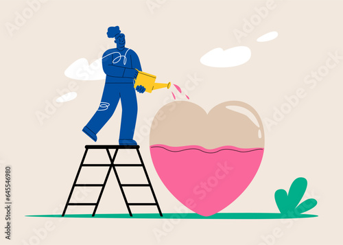 Woman pouring water to fulfill heart shape metaphor of passion. Colorful vector illustration