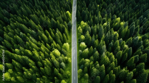 View from above of pine forest and paved road