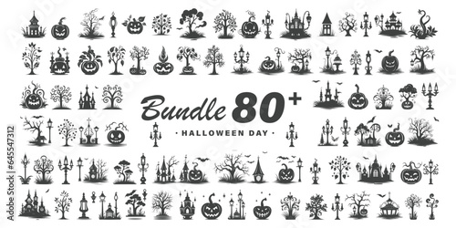 Big set of halloween silhouettes black icon and character.