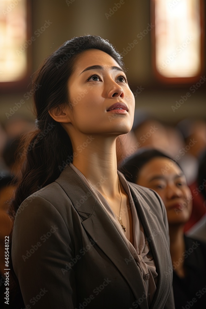 Asian woman in a Christian church. Asian woman in a Christian church.
