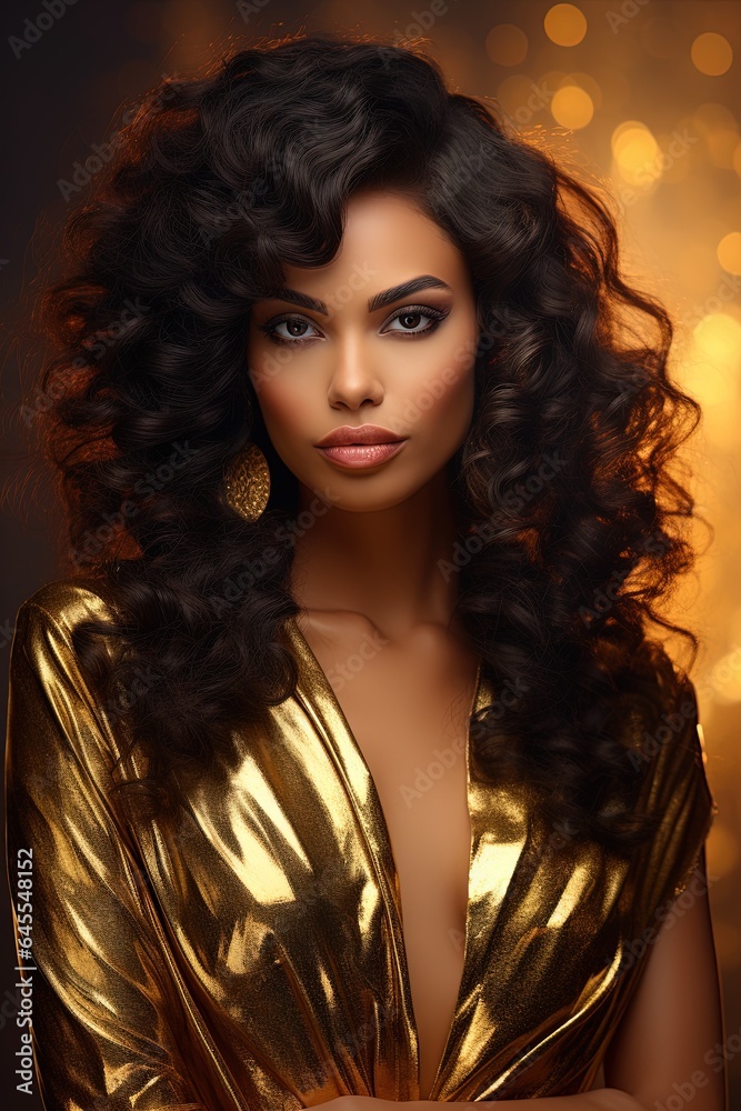 Fototapeta premium A beautiful African American lady wearing gold top.