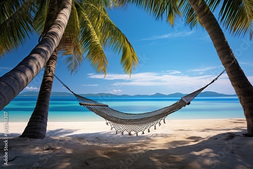 A hammock hanging between two palm trees on a tropical beach.
