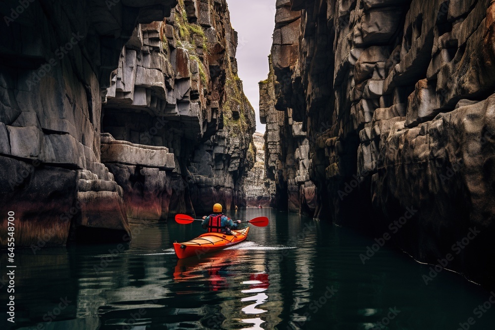 Person is kayaking in a gorge among the rocks.