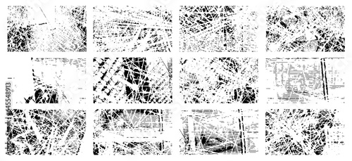 Overlay textures set stamp with grunge effect. Old damage Dirty grainy and scratches. Set of different distressed black grain texture. Distress overlay vector textures.	