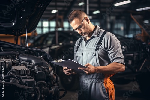 Automobile mechanic checking a car by inspecting and writing to the clipboard the checklist.