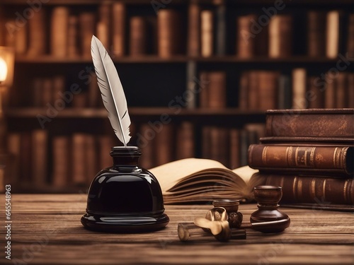 old books and feather. old quill pen with inkwell and papers on wooden desk against vintage bookcase. retro style. banner copy space