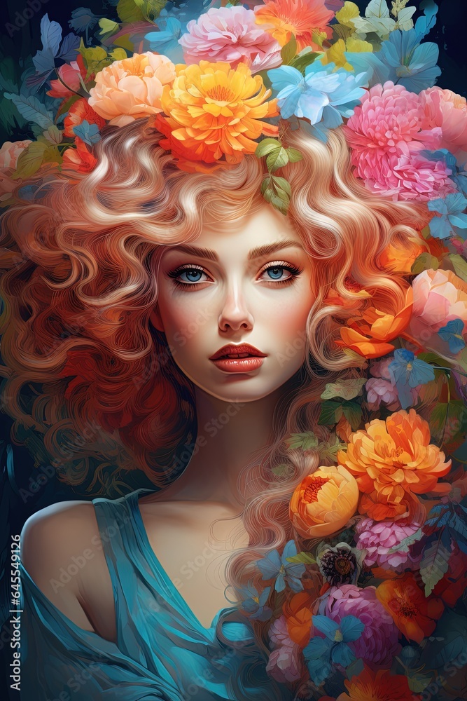 Beautiful lady, hair covered in flowers.