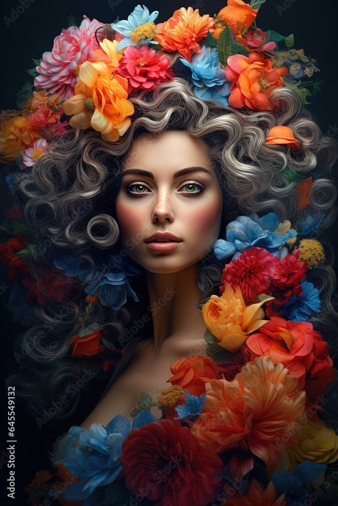 Beautiful lady, hair covered in flowers.