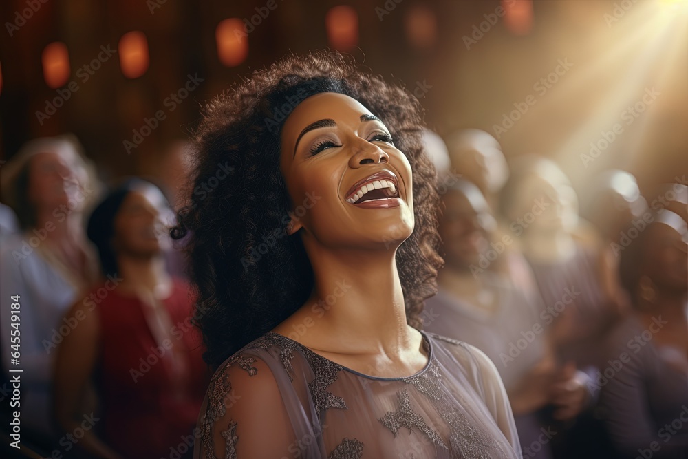 Beautiful young woman with christian gospel singers in church, praising Lord Jesus Christ. Beautiful young woman with christian gospel singers in church, praising Lord Jesus Christ.