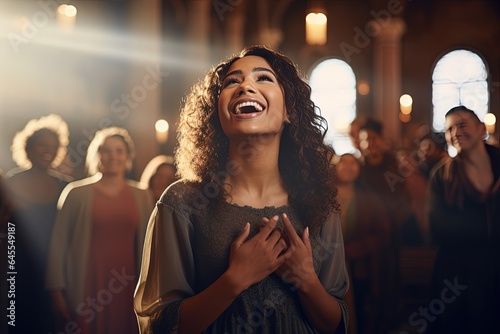 Beautiful young woman with christian gospel singers in church, praising Lord Jesus Christ.