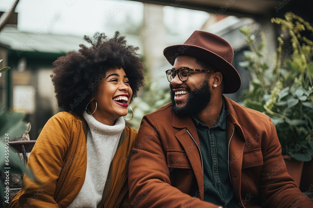 Black couple laughing and talking.