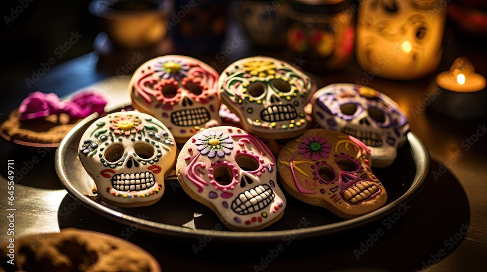 Delicious skull cookies with topping on the plate AI Generative