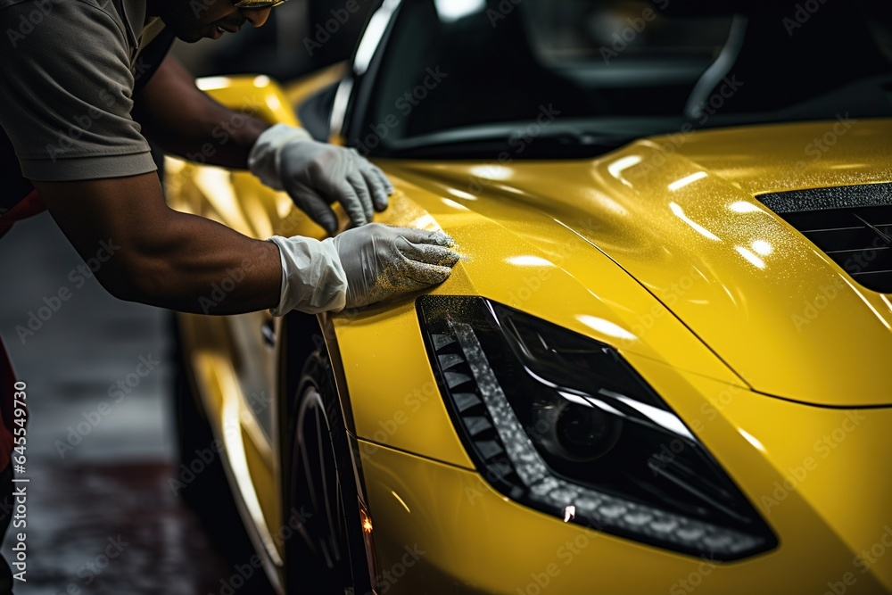 Mechanic buffing a scratch on sports car. Mechanic buffing a scratch on sports car.
