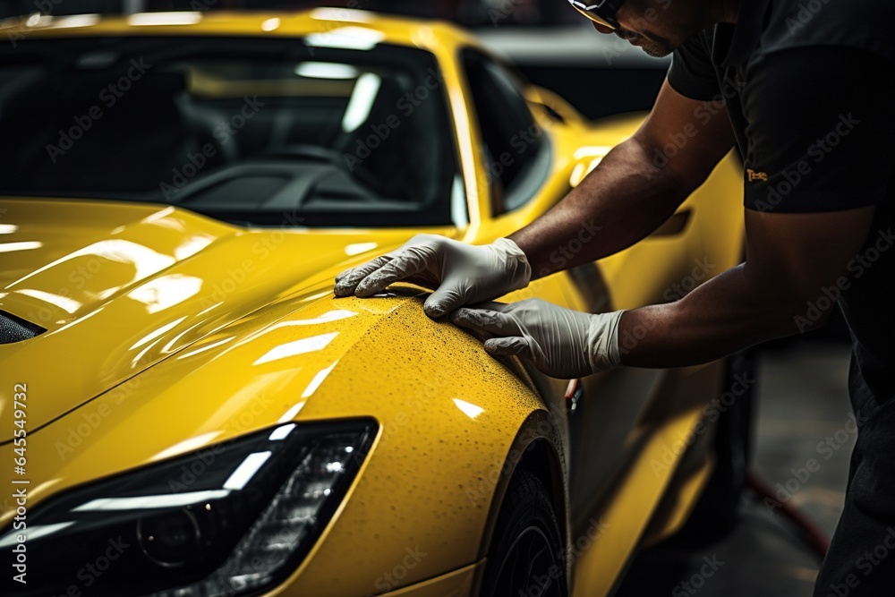 Mechanic buffing a scratch on sports car. Mechanic buffing a scratch on sports car.