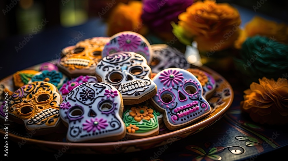 Delicious skull cookies with topping on the plate AI Generative Delicious skull cookies with topping on the plate AI Generative
