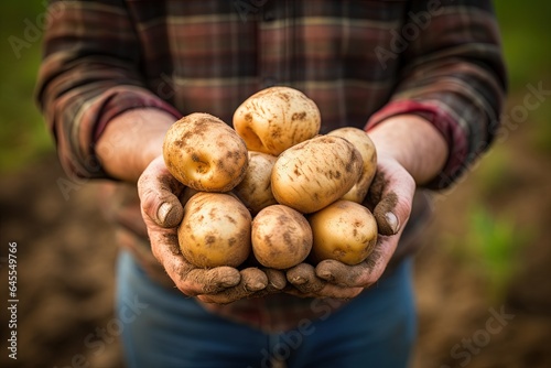 Farmer holding potatoes in hands.