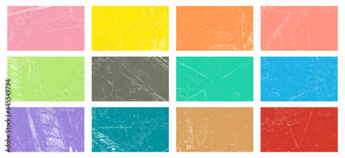 Overlay colorful textures set stamp with grunge effect. Old damage Dirty grainy and scratches. Set of different color distressed white grain texture. Distress overlay vector textures. 